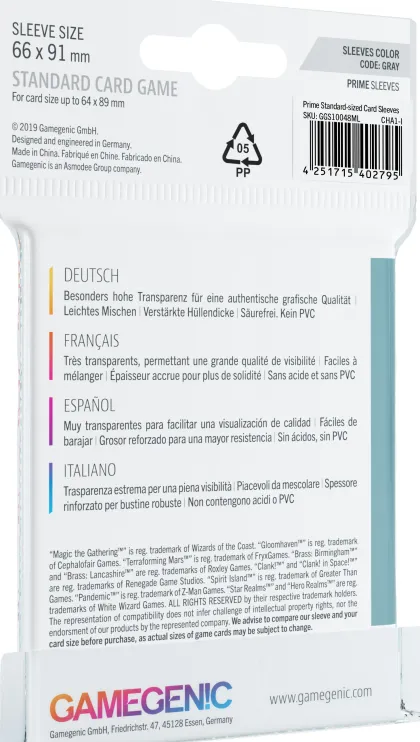 Gamegenic Prime Board Game Sleeves - Grey 66 x 91 mm (50 stuks)