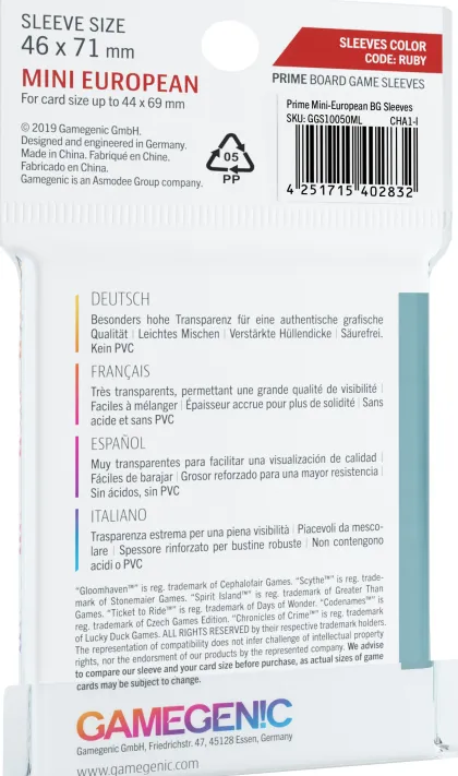 Gamegenic Prime Board Game Sleeves - Ruby 46 x 71 mm (50 stuks)