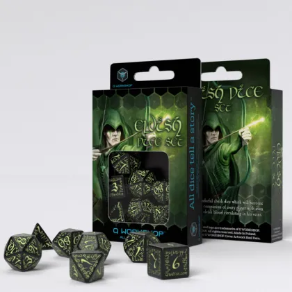 Q-Workshop - Elvish RPG Dice Set: Black & Glow-In-The-Dark (7-delig)