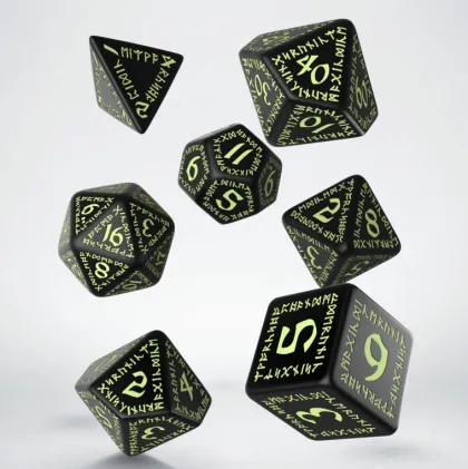 Q-Workshop - Runic RPG Dice Set: Black & Glow-In-The-Dark (7-delig)